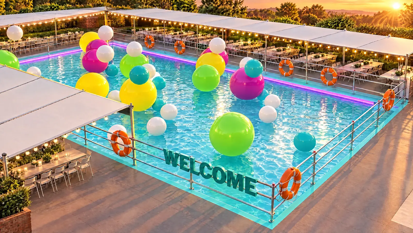물놀이 행사장 완성 예상도 — 입구 쪽에서 본 WELCOME 글자와 구명 튜브 난간