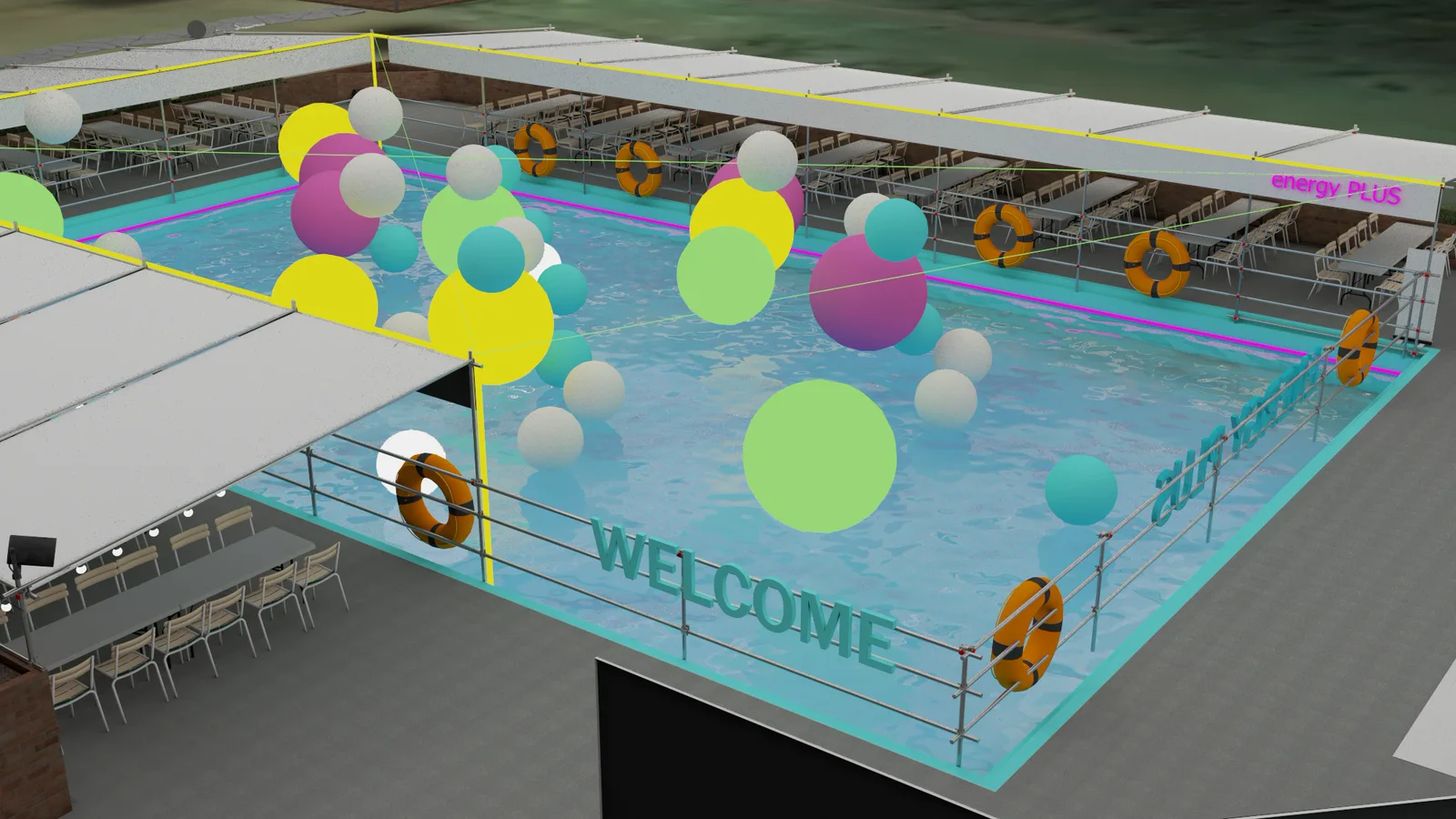 물놀이 행사장 3D 시안 — 입구 쪽에서 본 WELCOME 글자와 구명 튜브 펜스